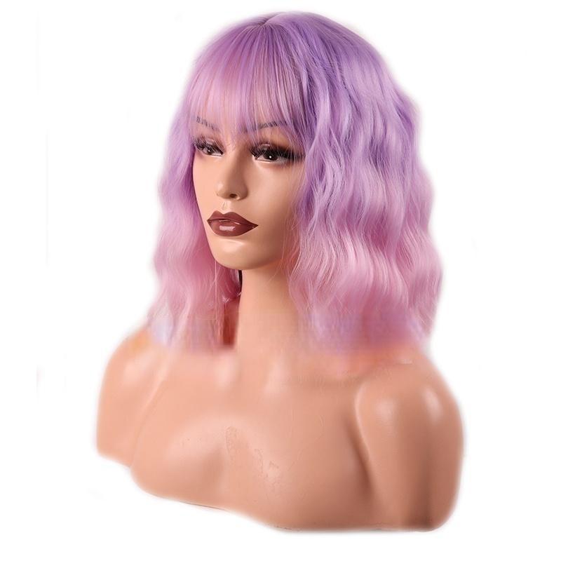 Women's Short Wave Hair Fashion Wine Red Synthetic Wig with Bangs(color:18 Colors)