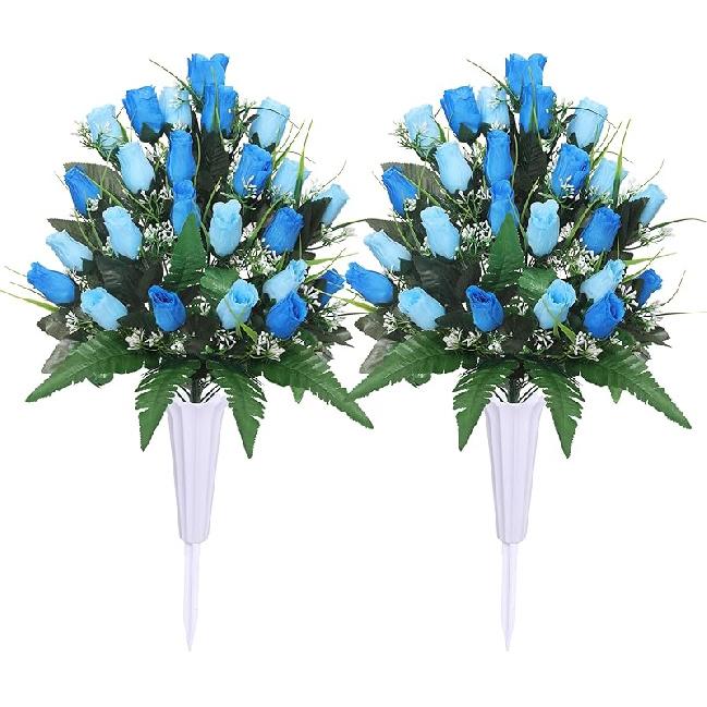 Lodou Artificial Cemetery Flowers,Outdoor Grave Decorations Roses,Arrangements Bouquet with Cemetery Vase, Silk Flowers for Long-Lasting Remembrance