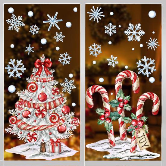 2 Sheets Christmas Tree Window Cling Removable Waterproof Xmas Candy Cane Static Glass Sticker Home Office Room Holiday Party Decoration Decal