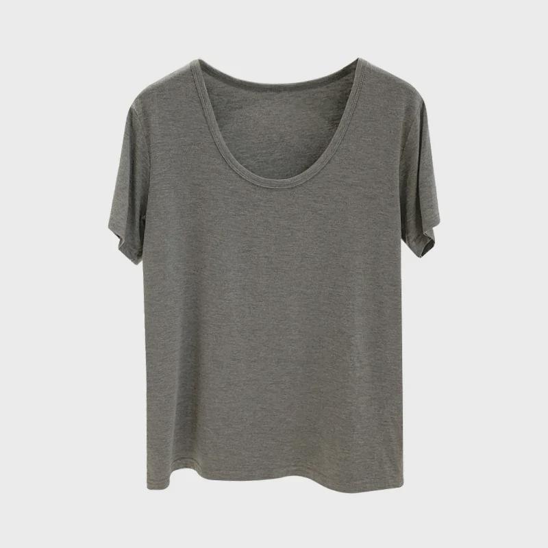 Modal Cotton Women's Grey-Green Loose Short Sleeve Round Neck Top - Soft, Skin-Friendly, and Versatile for Inner or Outer Wear.
