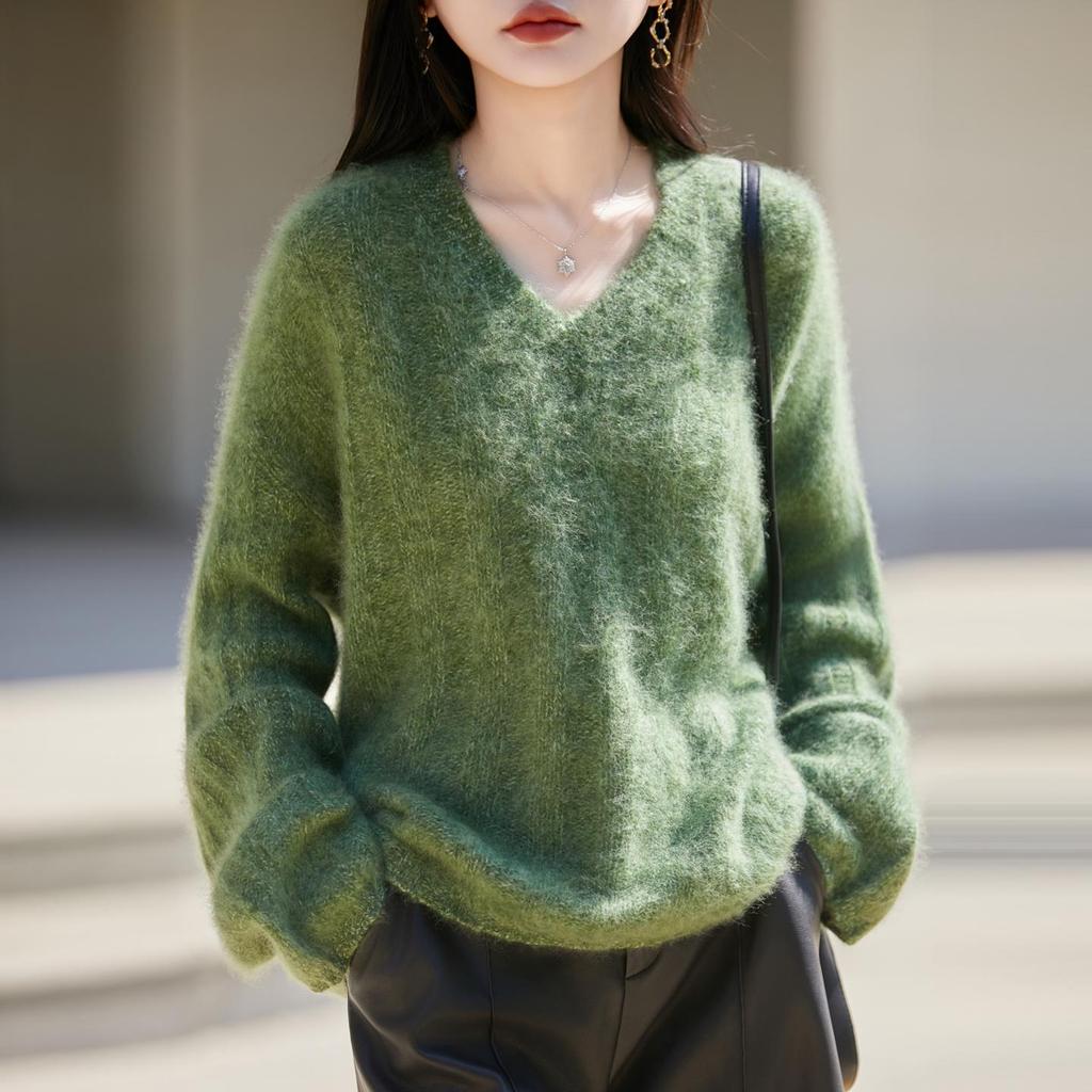 2026 V-neck Brushed Yarn Cashmere Women's Sweater Coat with Fur Trim