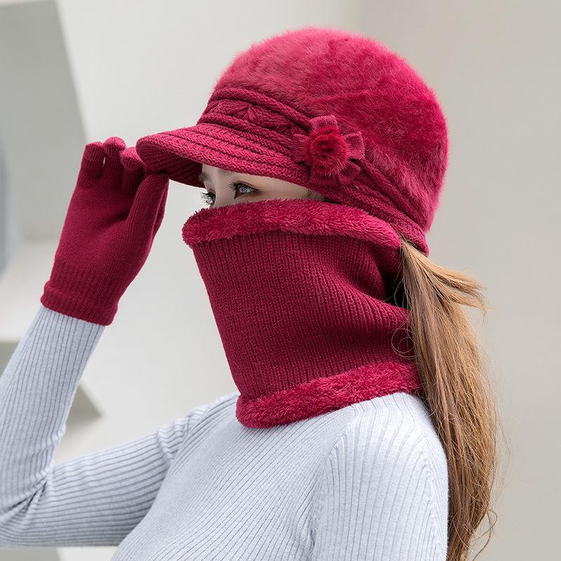 Women's Winter Rabbit Hair Knitted Hat, Snood, and Gloves Set - Fleece-Lined, Cold-Proof, Warm Wool for Middle-Aged and Elderly Moms
