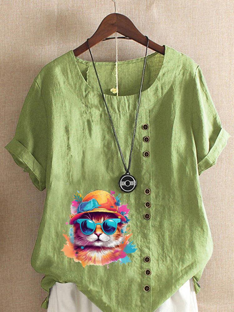Women's Fashion Colorful Cat Print Round Neck Short Sleeve T-shirt Summer Casual Cotton Linen Graphic Shirt Leisure Loose Blouse Tops