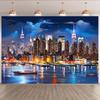 New York Waterfront Cityscape Tapestry, Urban Skyscraper Backdrop for Living Room Decor