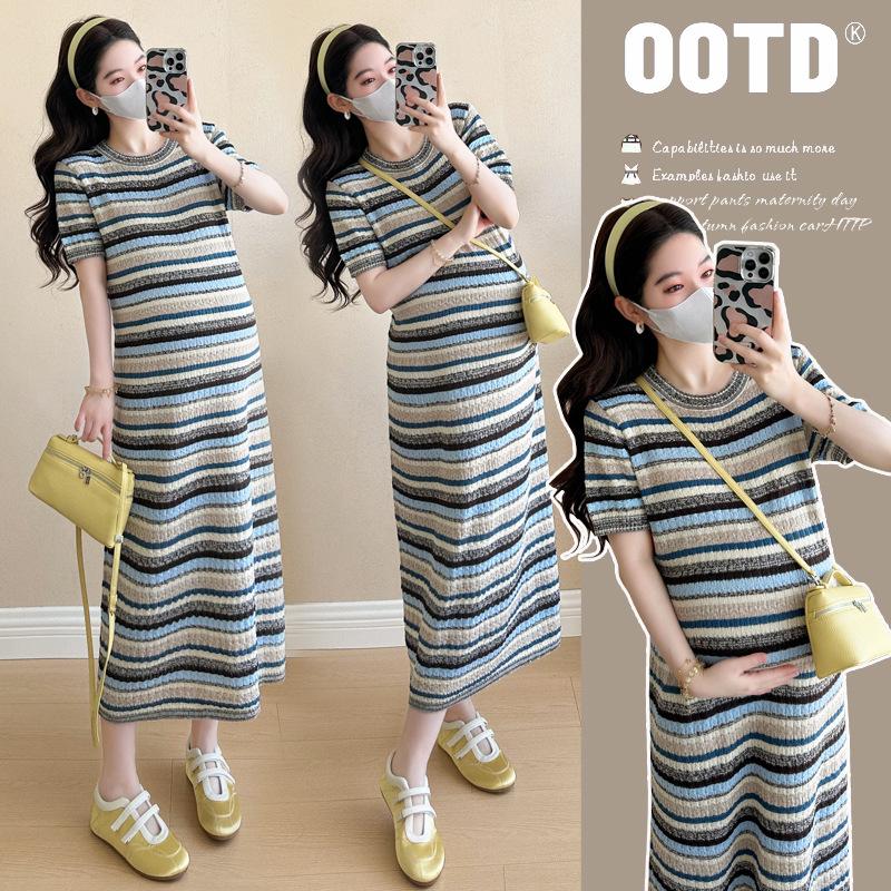 Summer 2026 Striped Color Block Maternity Knit Dress - Short Sleeve, Round Neck X-Large