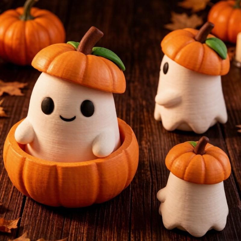 1 Set Creative 3D Printed Halloween Pumpkin Elf Decor With Pumpkin Base Ghost & Hat Desktop Ornament For Holiday Scene