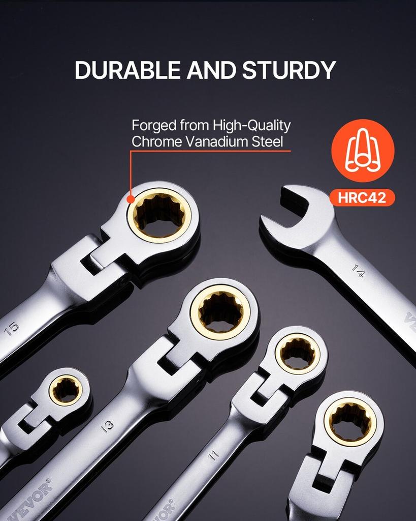 Flex-Head Ratcheting Wrench Set 8 PC Metric 8 mm-17 mm with Roll-up Pouch