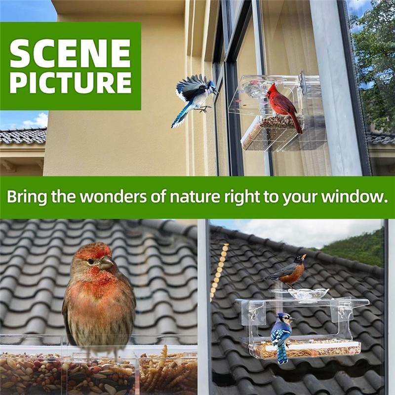 T02C!Window Bird Feeder With Non-Marking Self-Adhesive Hooks, Clear Window Bird Feeder For Outside, Transparent Bird House Durab