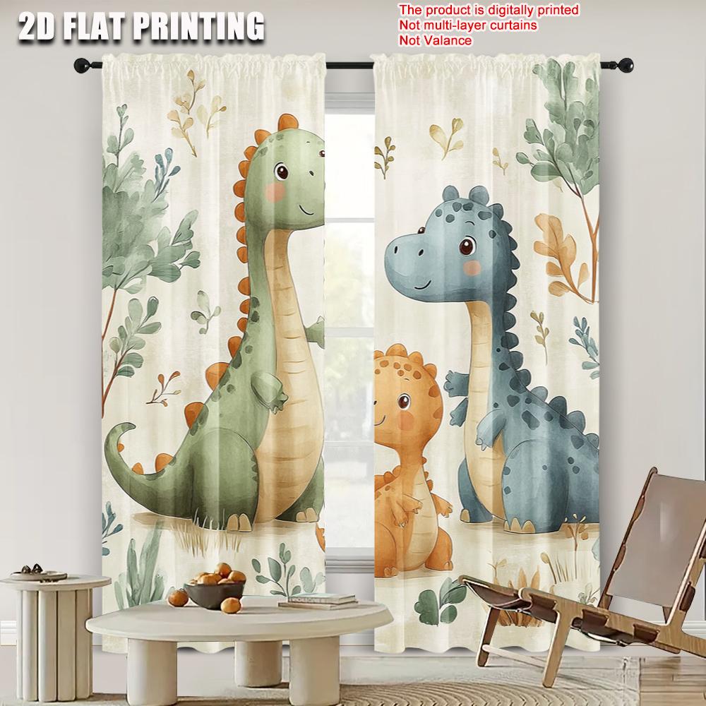 2pcs   Spring Summer Curtains Cute Dinosaur Watercolor Sheer Curtains Versatile Polyester Outdoor Decorations Perfect for Bedroom