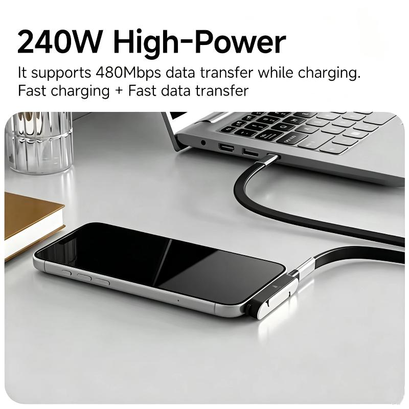 240W 2-i-1 Sort/Orange Hurtigopladning Foldbar Støttefod Datakabel Type-C Til Type-C Datakabel Med Telefon Tablet Stand Adapter