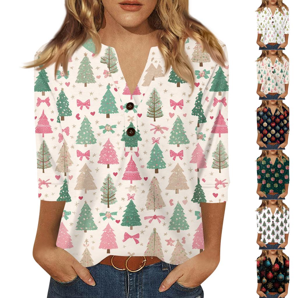 Women's T Shirt Print Button 3/4 Sleeve Daily Weekend Fashion Basic V- Neck Regular Top