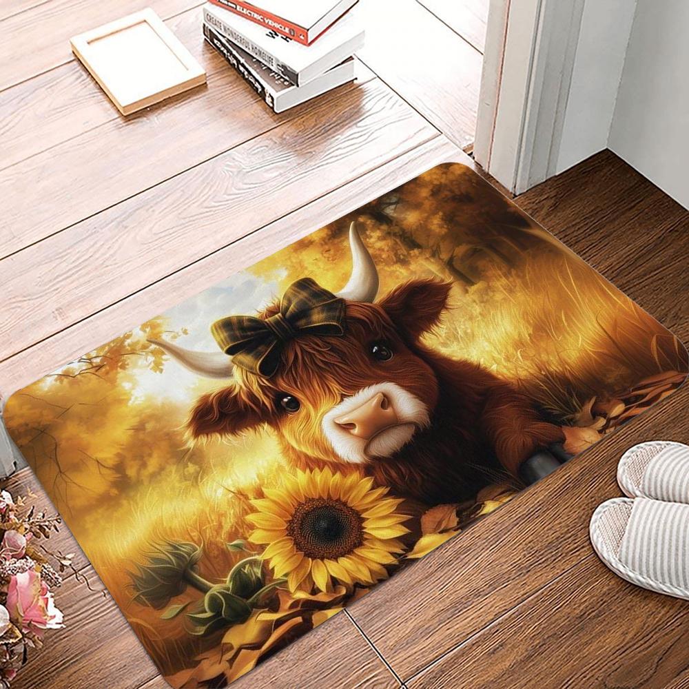 Floral Highland Cow Doormat Anti-slip Carpet for Kitchen Living Room Machine Floor Mat Washable Rug