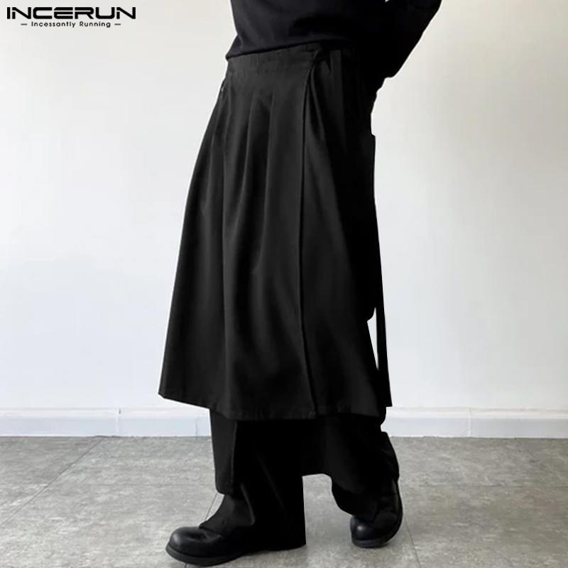 INCERUN Men Elastic Waist Irregular Layers Fake Two-piece Casual Loose Pants Trousers