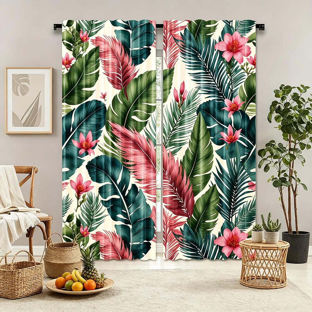 2PCS Digital Printed Curtains, Tropical Pink Flowers Pattern, Beautiful Window Drapes for Living Room Bedroom Home Decor