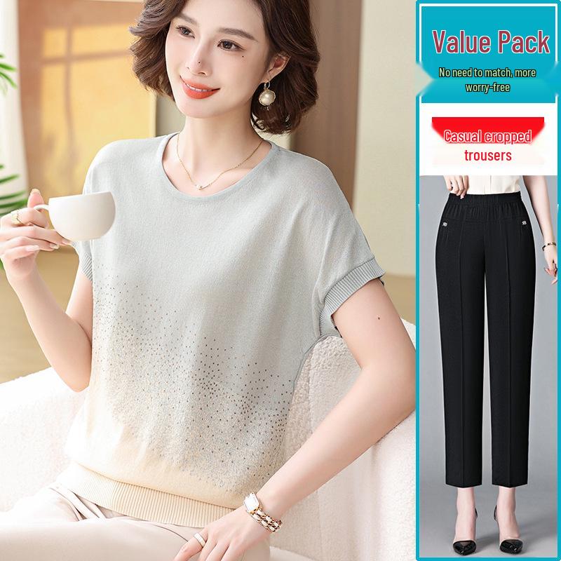 Mother's Day Ice Silk Short-Sleeve Blouse - 2026 New Style for Middle-Aged & Elderly Women