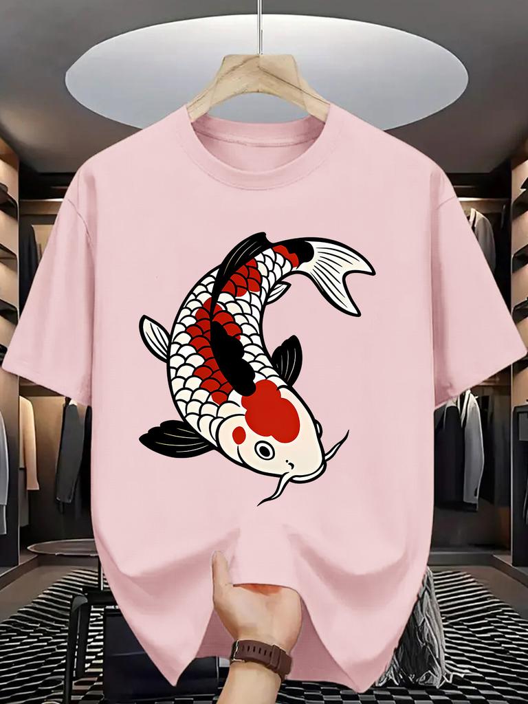 Oriental Style Unisex Short Sleeve Tshirt Colorful Koi Carp Illustration Asian Culture Pattern O Neck Tee Male Casual Fashion Tops