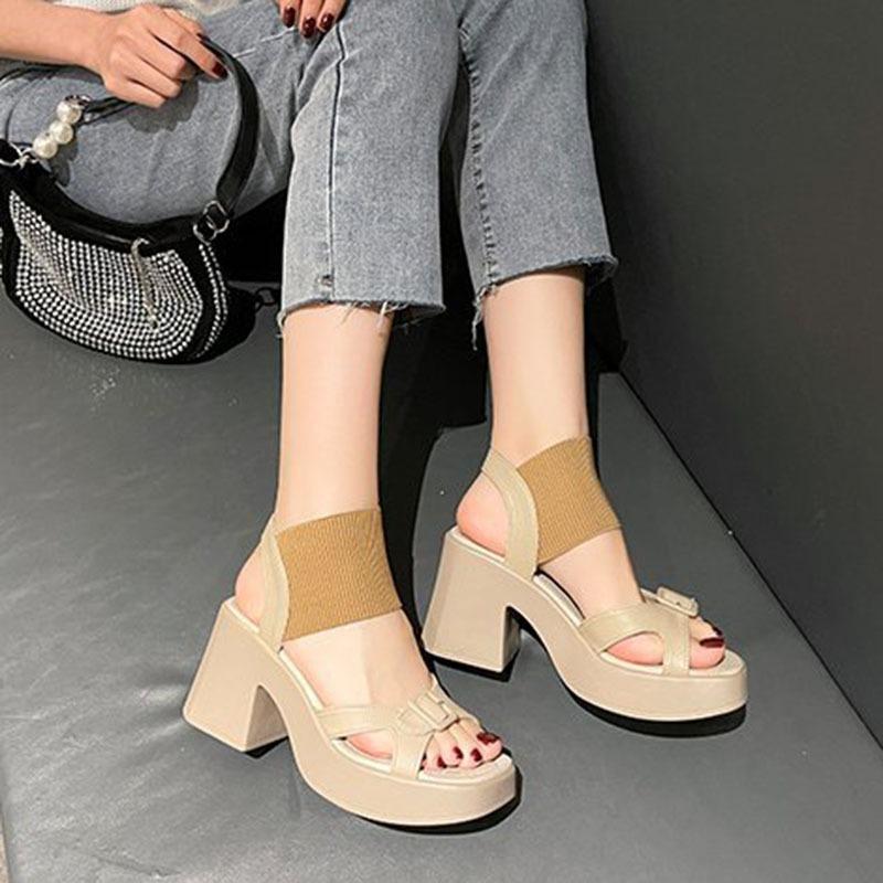 Populares Sandalias de Mujer Verano Tejido de Malla Punta Cuadrada Tacón Alto Grueso Zapatos de Mujer Casual Plataforma Romanas Sólidas Sandalias de Mujer