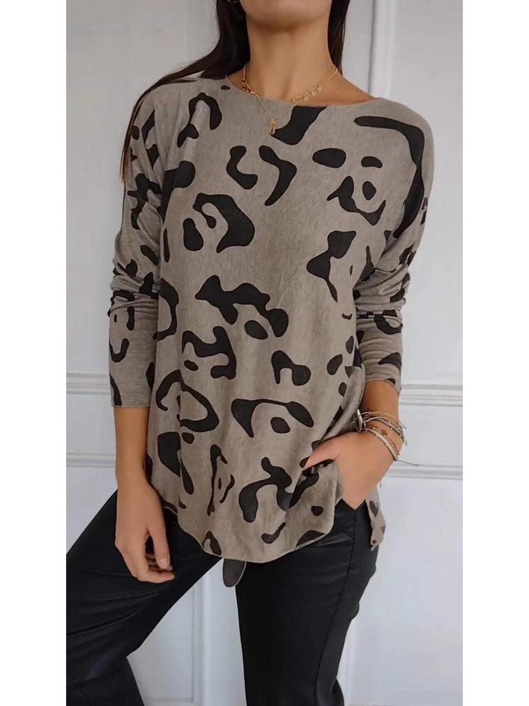 2024 Autumn/Winter Casual Leopard Print Women's Long Sleeve Crew Neck Top