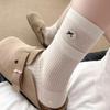 Women's Ballet-Style Mid-Calf Cotton Socks, Spring/Summer Collection, White with Cute Bow Embroidery, Miu Style.