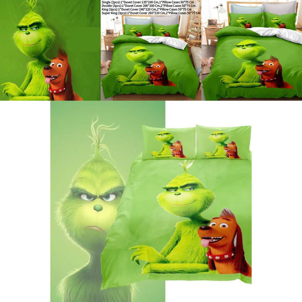 Das Grinch Zeichentrickfigur 3D-gedruckte Bettbezug-Set für moderne Schlafzimmerdekoration