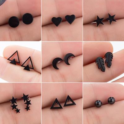 Fashion Stainless Steel Geometric Earrings Black Small Star Moon Round Triangle Ear Studs for Women Men Hip Hop Ear Zircon 2022