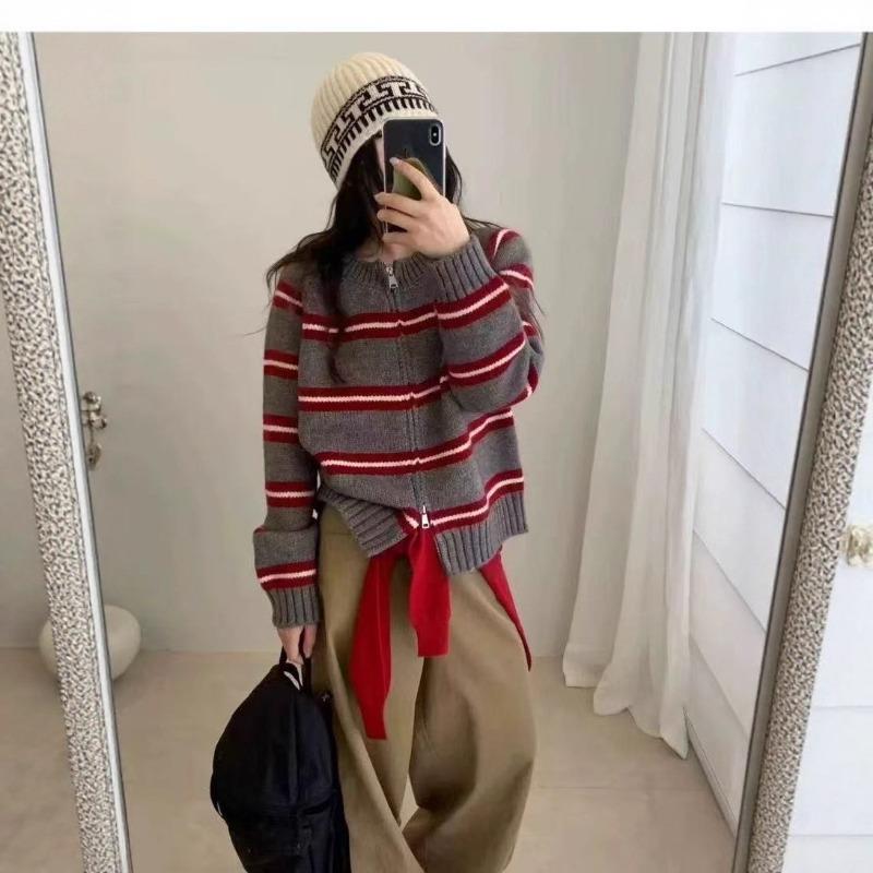 Lazy striped knitted cardigan women's autumn and winter new loose and thin versatile double zipper sweater jacket