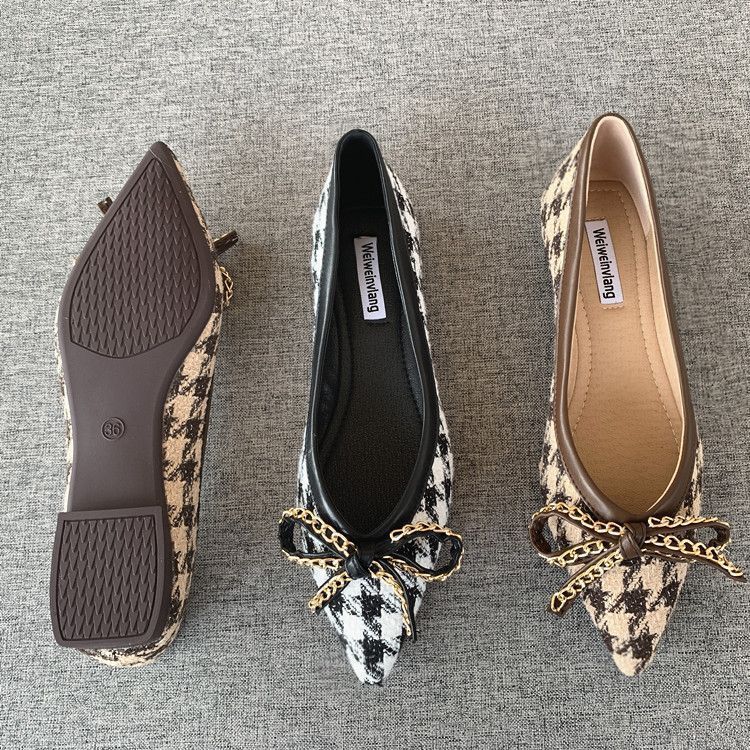 Pointed flat-soled women's single shoes 2025 new thousand bird grid bow lady shoes comfortable versatile soft sole four-season ladyshoes