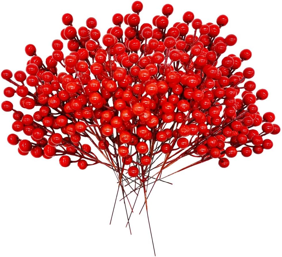 Wholesale Artificial Christmas Red Berries Branches 30heads Plastic Fake Berry Holly Branch Plants Flowers Party Home Decoration