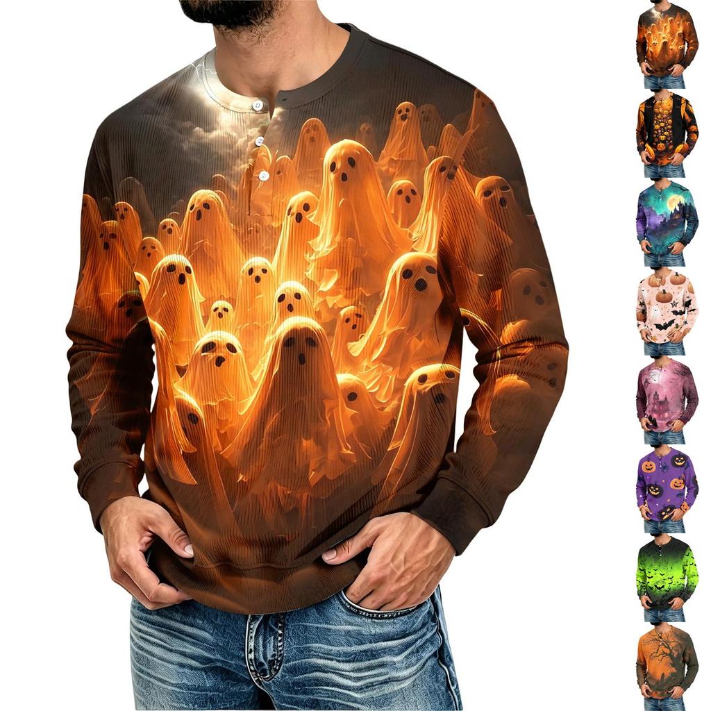 Men's Long Sleeve Printed Neck T-Shirt with Ribbed Texture Casual Tee