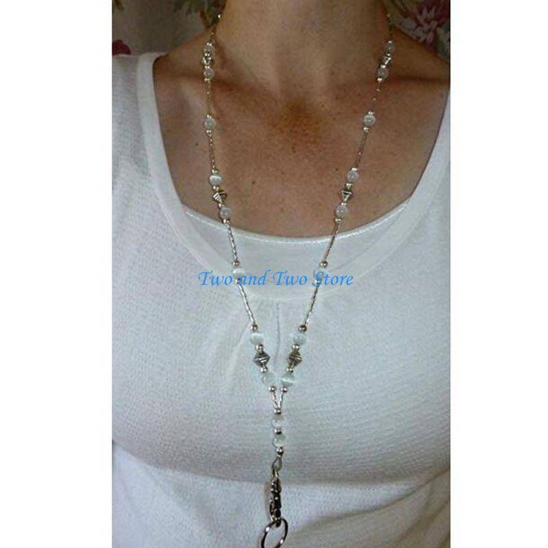HX6F Lightweight White Pearls Bead Chain Lanyard Necklace Badge Holder Hollow Beads Necklace Fashion Jewelry Decor