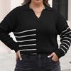 Women Plus Size Color Block Striped Polo Neck Long Sleeve Loose Pullover Knit Sweater