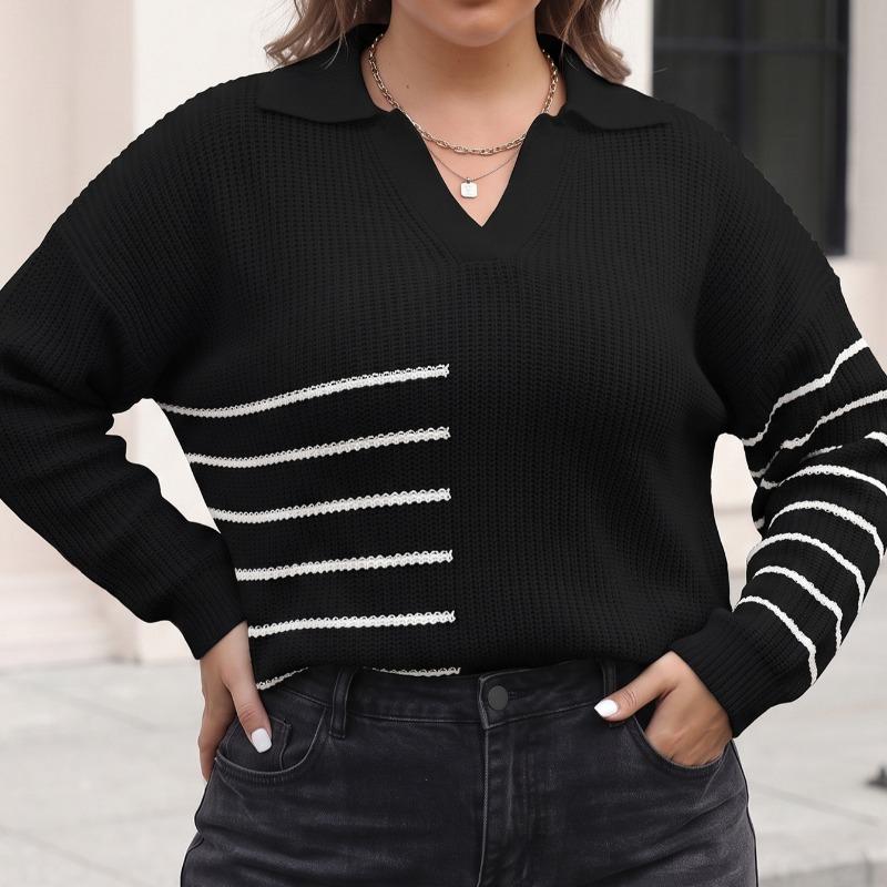 Women Plus Size Color Block Striped Polo Neck Long Sleeve Loose Pullover Knit Sweater