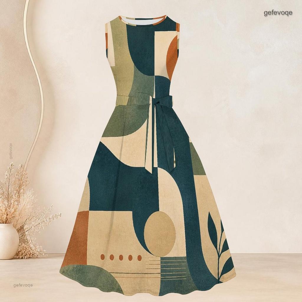 Women Plus Size Two Piece Set Abstract Printed 3 4 Sleeve Open Cardigan Sleeveless Round Neck Tie Waist Flared Dress