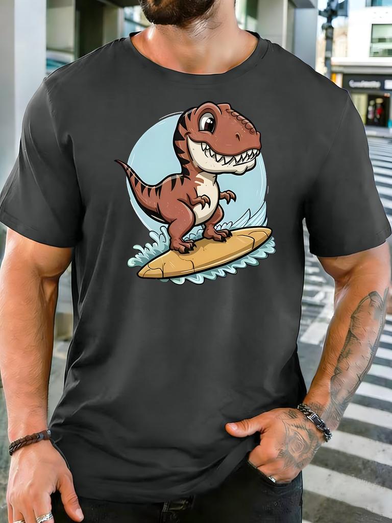 Red Unisexs Tee Surfing Dinosaur Cartoon Print Crew Neck Cotton Short Sleeve Trend Male Street Summer Soft Daily Casual Wear