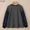 ZANZEA Bluză largă casual de damă cu gât rotund, mâneci bufante și imprimeu grilă îmbinat