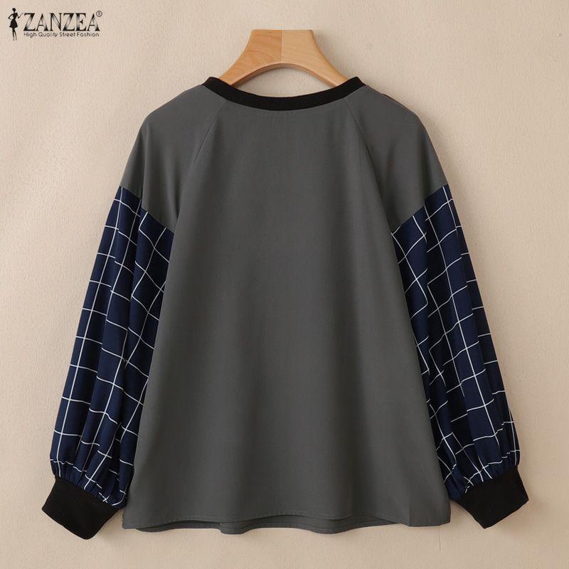 ZANZEA Bluză largă casual de damă cu gât rotund, mâneci bufante și imprimeu grilă îmbinat