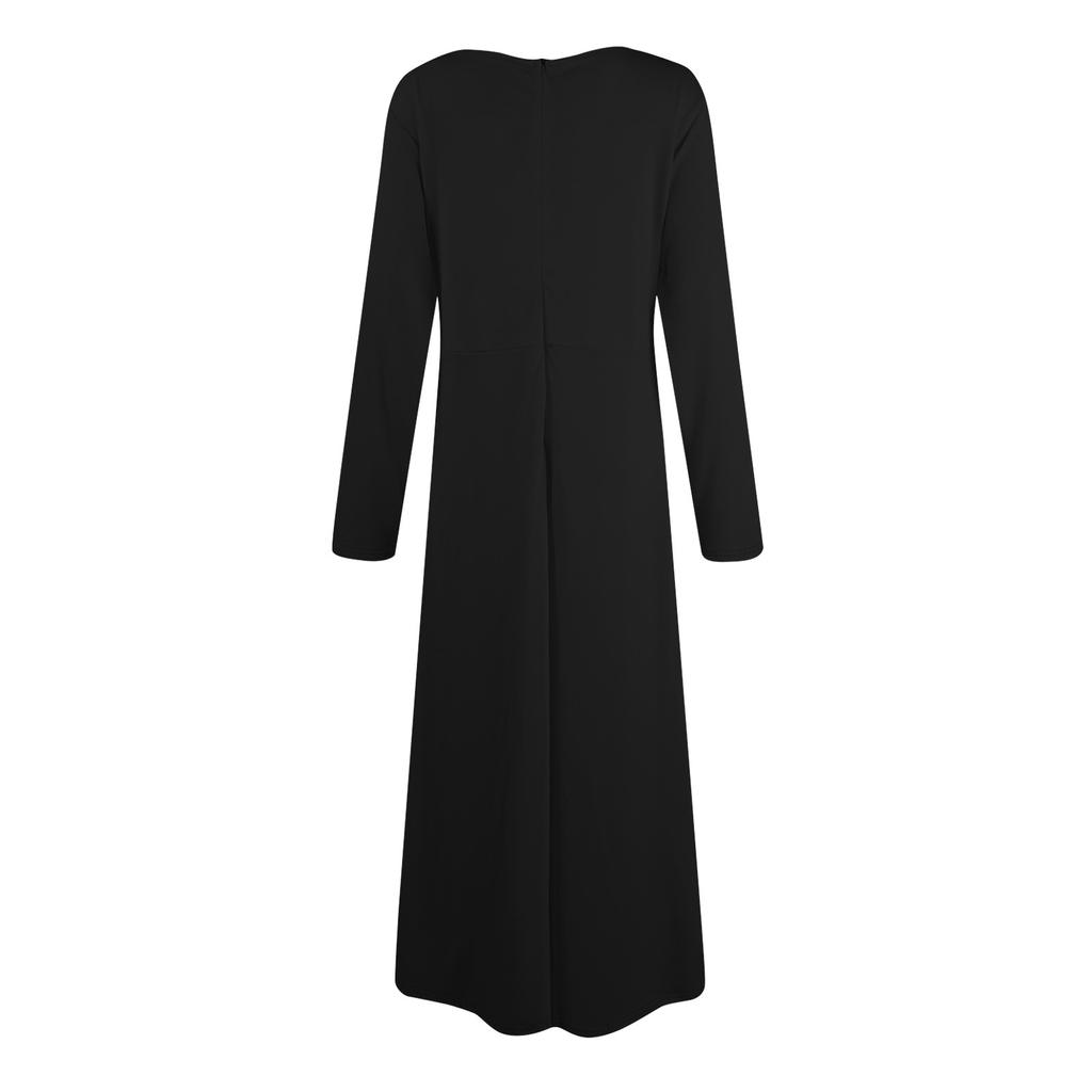 Women's Casual Fashion Large Size Round Neck Long Sleeve Pocket Straps Swing Dress