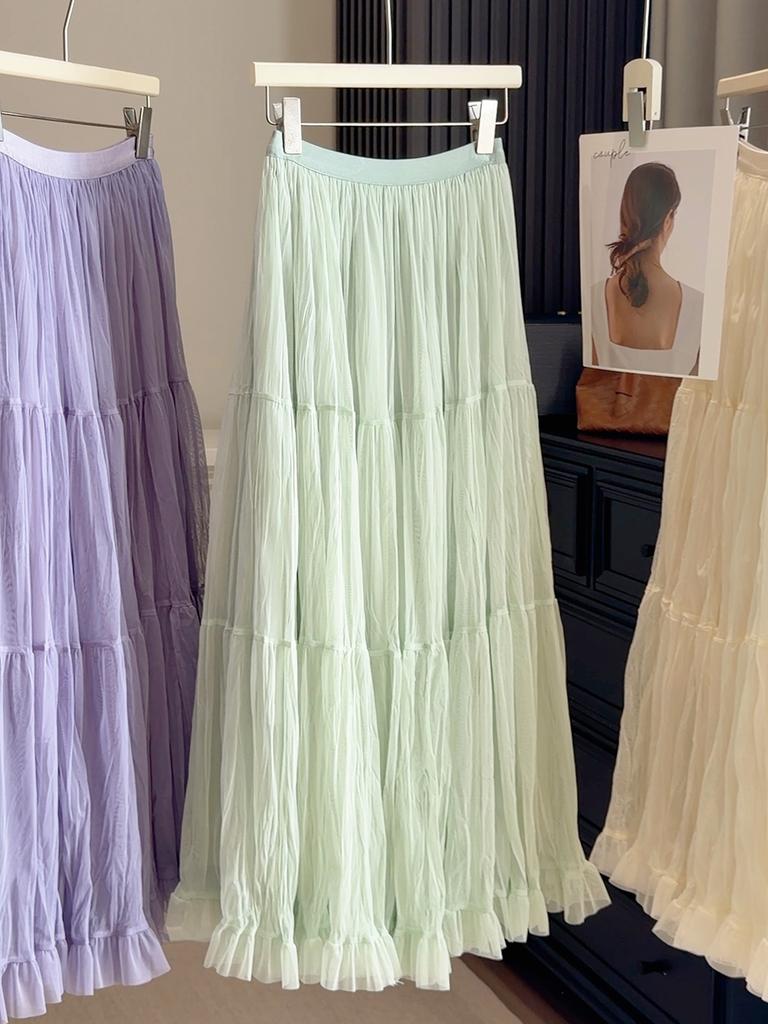 Women's High Waist Tiered Skirt Loose Fit Elegant Maxi Skirt A Line Mesh Half Skirt Solid Color Ruffle Hem Long Skirt