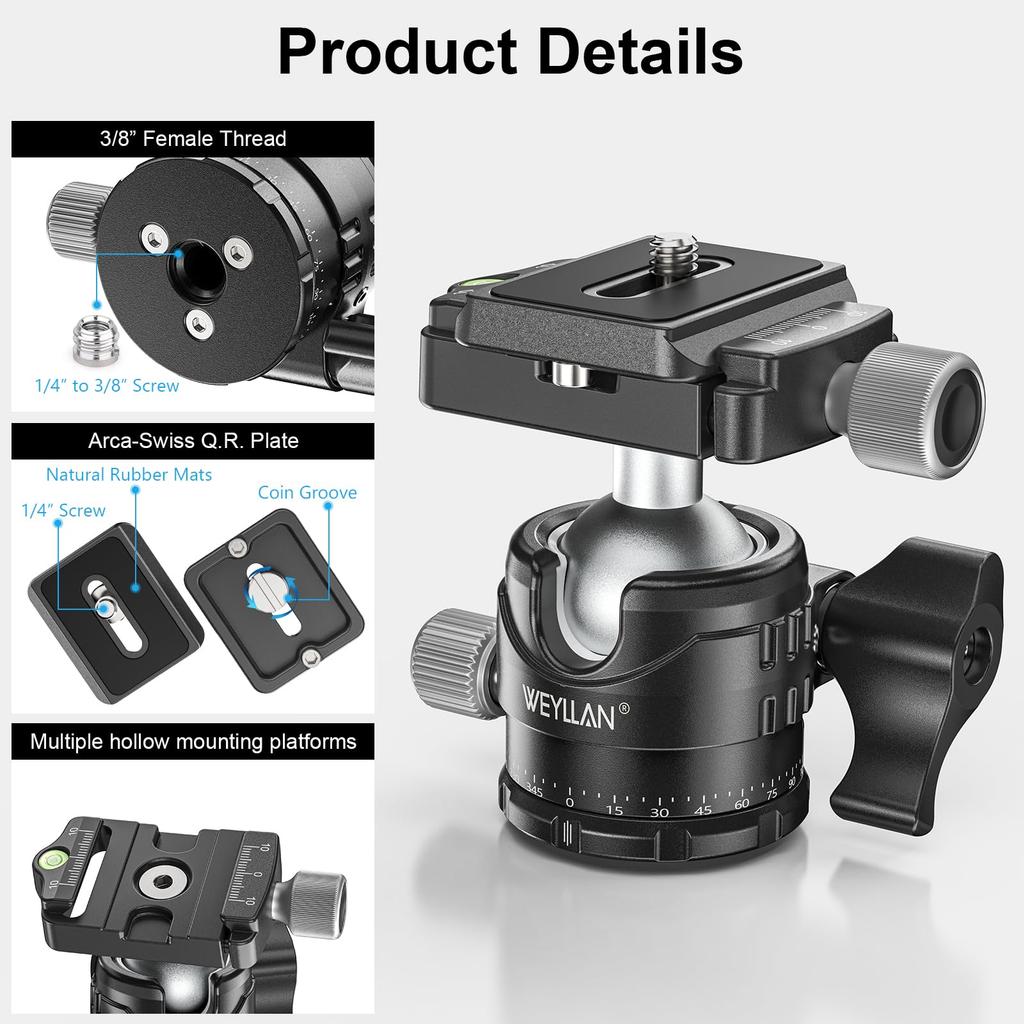 WEYLLAN Ball Compact and 5kg Load 40mm Pipe Easy to Highly Stable Compact Suitable for Multiple Scenes such as and Free-Rotating Head, 360° Rotation,