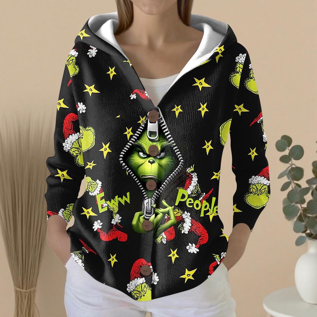 Women's Fashion Casual Sweater Button-Up Print Cardigan  Hooded Jacket