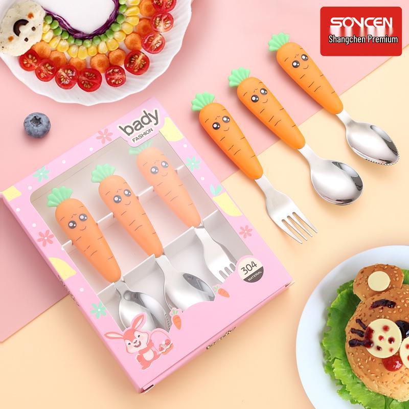 Carrot Cartoon Kids' Stainless Steel Cutlery Set: Spoon & Fork for Baby Food and Fruit Puree