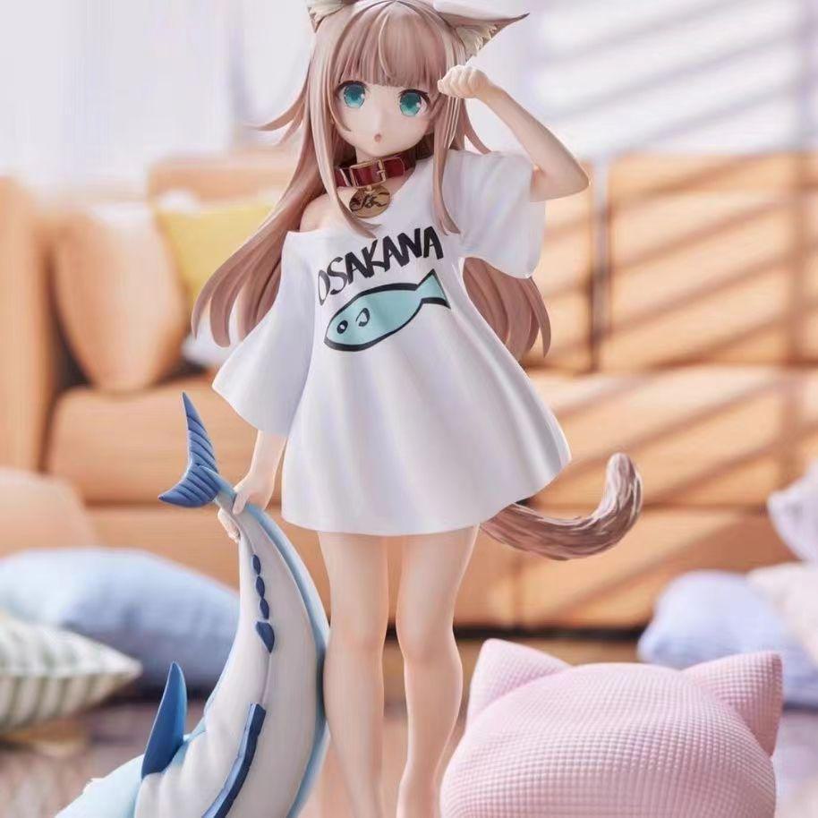 Handmade Cat Girl Eating Fish Soybean Powder Model – Cute and Beautiful Design