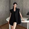 Women Summer High Sense Minimalist Sleeveless Blazer Fashionable Collarless Vest Blazer Jacket Casual Trendy Outerwear Top