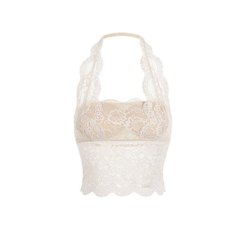 Women's Halter Neck Lace Camisole with Built-in Pads - Backless Underwear Base Layer Top