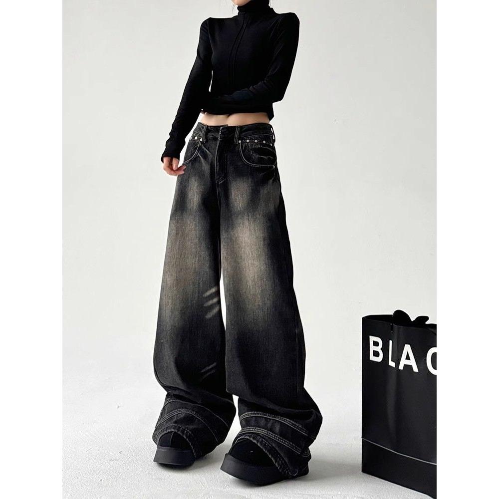 Blugi vintage negri cu picior lat pentru femei, supradimensionați, de moda coreeană, pantaloni largi din denim, Y2k, hip hop pentru femei