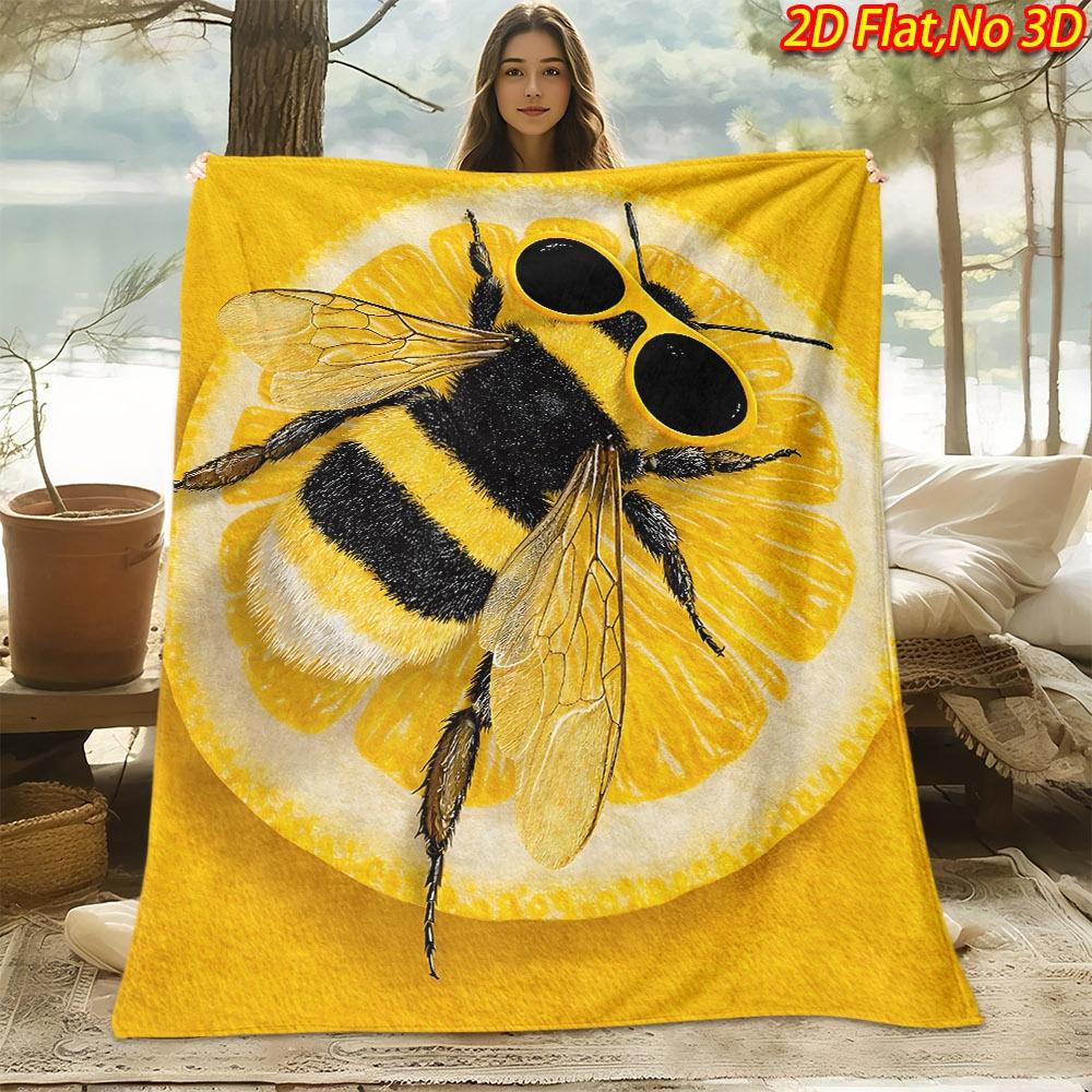 1 Stück Biene & Zitronenscheibe Überwurfdecke mit Modebrille Biene - Weiche Flanell gesteppte Tagesdecke Geeignet für alle Jahreszeiten, Maschinenwaschbar Gemütliche Bettwäsche