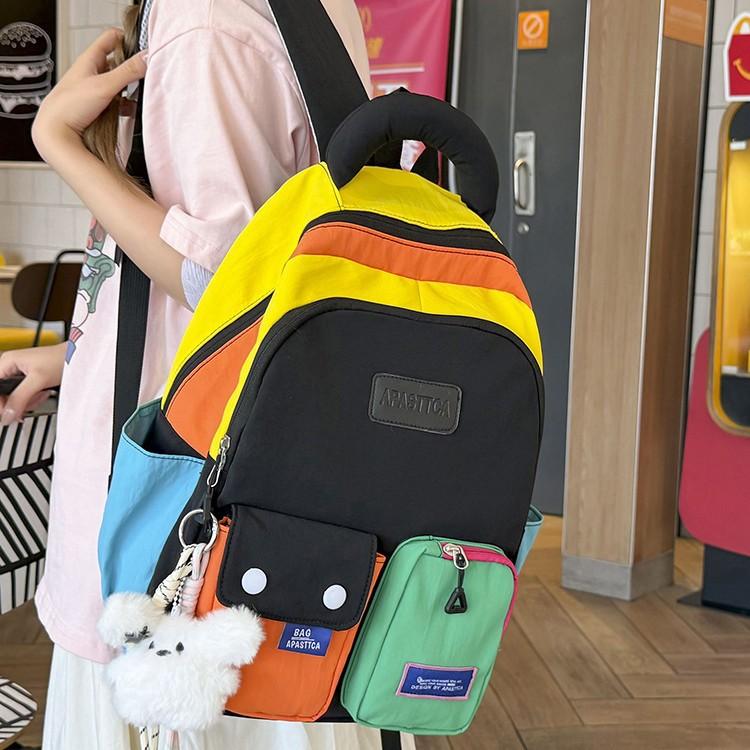Schoolbag contrasting splicing Internet celebrity backpack female dopamine primary school bag Japanese large capacity burden reduction junior high