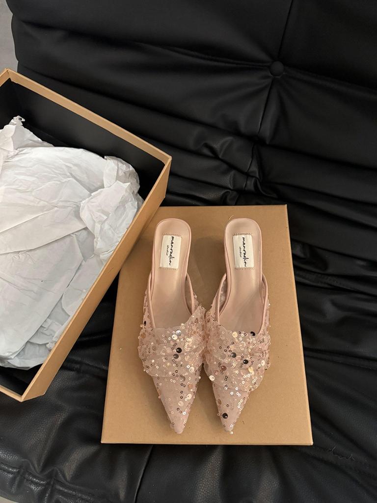 With Skirt High Heel Half Slippers Spring and Autumn Temperament High Heels Evening Gentle Single Shoes Versatile Sequined Shoes