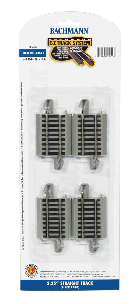 Bachmann Trains - Snap-Fit E-Z TRACK 2.25" Straight Track (4/Card) - Nickel Silver Rails with Gray Road Bed - HO Scale
