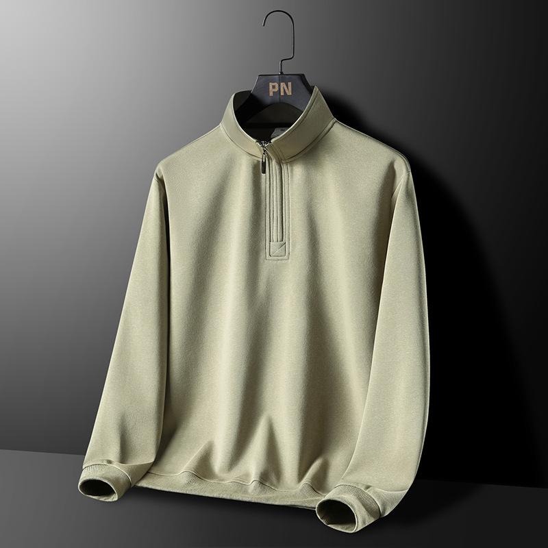 Men's Loose Standing Collar Half Zipper Casual Pullover Top with Long Sleeves